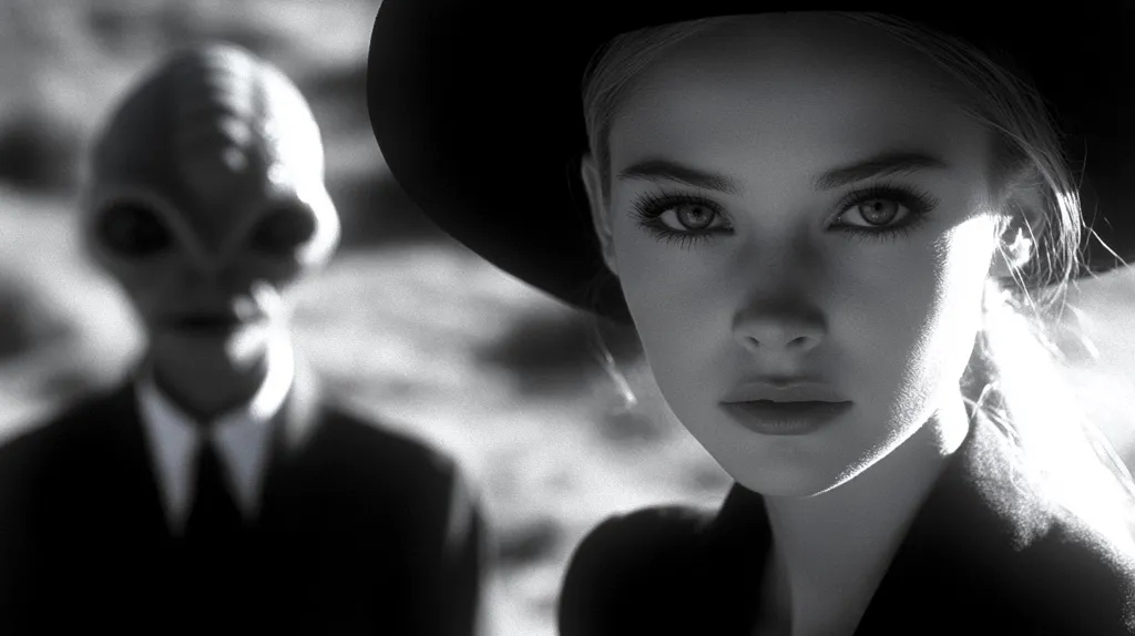 A black and white image shows a young woman wearing a wide-brimmed hat, her face in sharp focus, gazing directly at the viewer.  Behind her, out of focus, is a figure resembling a grey alien in a suit. The contrast between the sharp focus on the woman and the blurred alien creates a mysterious and intriguing juxtaposition. The overall mood is dramatic and enigmatic.