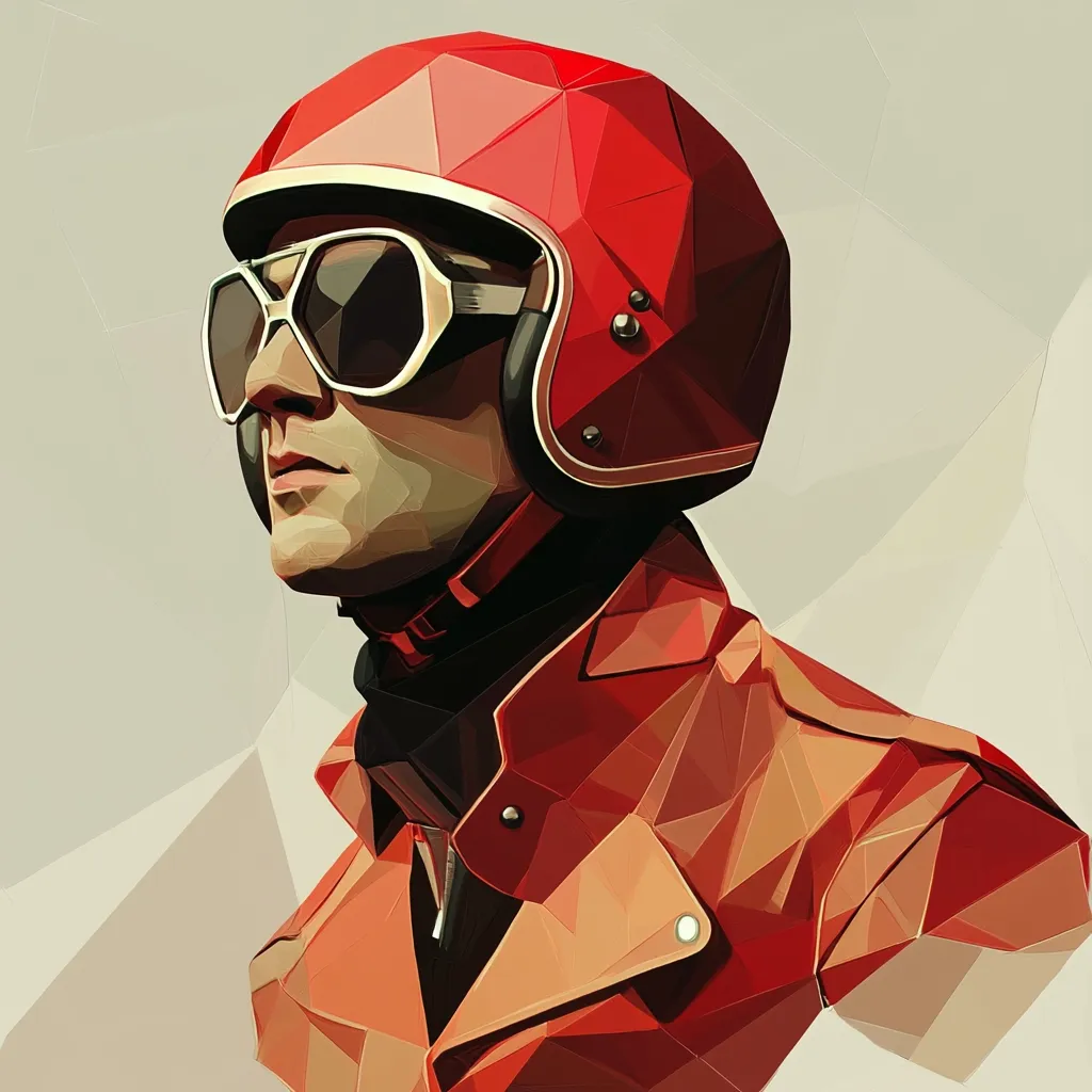 A stylized portrait of a person wearing a red helmet and jacket.  The image is rendered in a low-polygraphic style, with geometric facets creating a faceted texture. The subject wears large, dark sunglasses and looks towards the left. The overall color palette is warm, dominated by various shades of red and orange. The background is a muted beige with subtle geometric patterns.