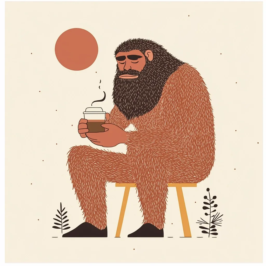 A large, furry Bigfoot-like creature sits on a small wooden stool, contemplatively holding a takeaway coffee cup.  He has dark brown fur, a long beard, and a serious expression.  The background is a minimalist beige with a single, large, reddish-orange circle resembling a sun and small stylized plants. The overall style is illustrative and whimsical.