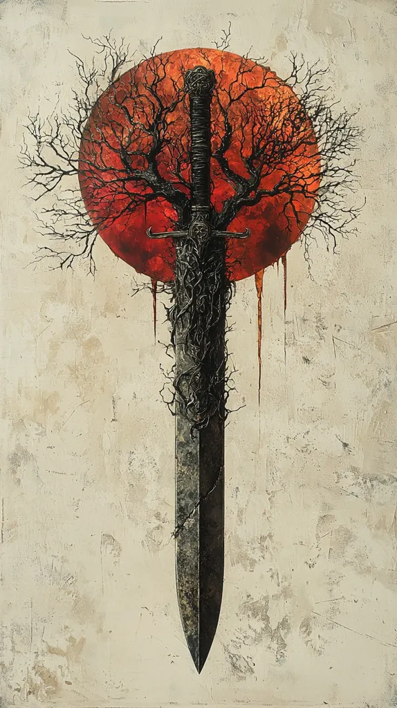 A dark, weathered sword is depicted, its blade seemingly overgrown with thorny vines.  The sword is centered against a textured, off-white background.  Behind the sword is a large, blood-red circle resembling a setting sun or a planet, encircled by the stark, barren branches of a dead tree.  The overall aesthetic is dark, evocative, and possibly symbolic of loss or decay.