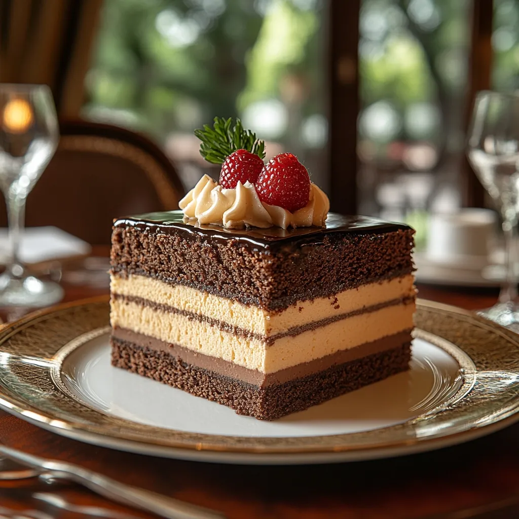 A delectable chocolate layer cake, elegantly presented on a gold-rimmed plate.  The cake features layers of moist chocolate and a light, creamy filling, topped with a glossy chocolate ganache and garnished with fresh raspberries and a sprig of mint.  The setting appears to be a sophisticated dining establishment, with blurred background suggesting a refined atmosphere.