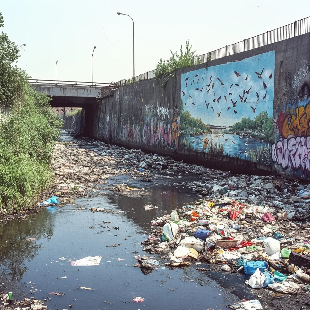 A polluted waterway flows beneath a highway overpass.  The concrete walls are heavily graffitied, yet also feature a large mural depicting a tranquil scene of birds and a river.  The stark contrast between the mural's idyllic imagery and the reality of the heavily littered waterway highlights the environmental issue.  The water is dark and choked with plastic and other debris.