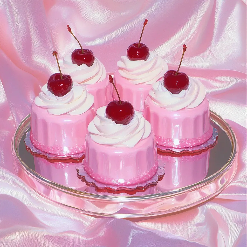 Four pink pastries with white frosting and a single cherry on top are arranged on a silver tray.  The tray sits on a pink silk-like fabric. The pastries have a glossy finish and appear to be individually decorated.  The overall image is styled with a dreamy, pastel aesthetic.