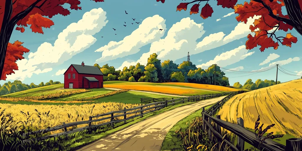 A picturesque rural landscape unfolds, showcasing a vibrant red barn nestled on a gently rolling hill. Golden wheat fields stretch across the foreground, bordered by a rustic wooden fence. A dirt road winds its way through the scene, framed by autumnal trees with fiery red leaves. Birds fly overhead under a partly cloudy sky, adding a sense of tranquility to the idyllic farm setting.