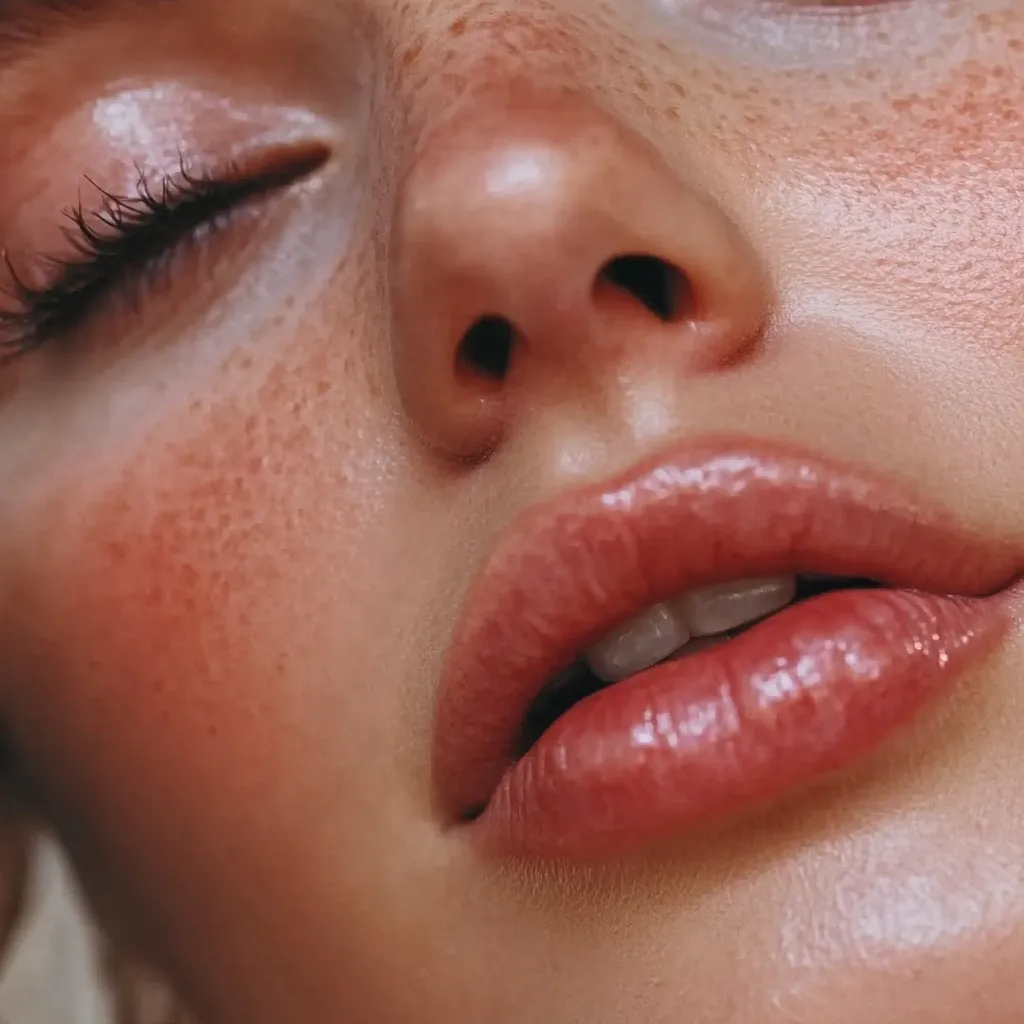 Close-up of a woman's face, eyes closed, showcasing dewy skin with freckles and subtle blush.  Her lips are full and glossy, a peachy-pink shade. The overall aesthetic is soft, natural, and luminous, emphasizing healthy skin texture.  The lighting highlights the high points of her face, creating a radiant effect.