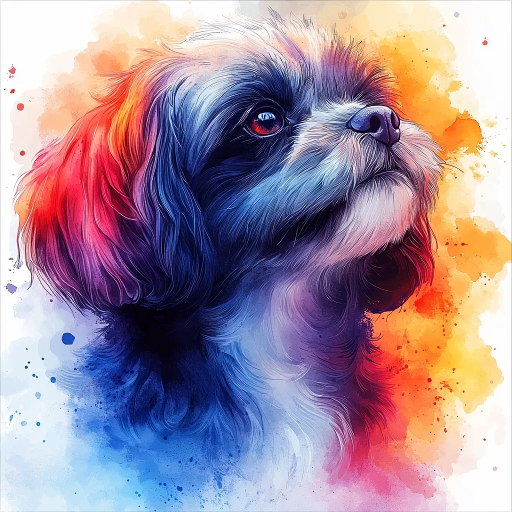 A vibrant watercolor-style portrait of a Shih Tzu dog.  The dog's fur is depicted in shades of blue, purple, and red, contrasting with the warm orange and yellow watercolor background.  Its expressive eyes and gentle gaze are highlighted, creating a captivating and artistic representation of the canine subject.  The overall effect is both colorful and serene.