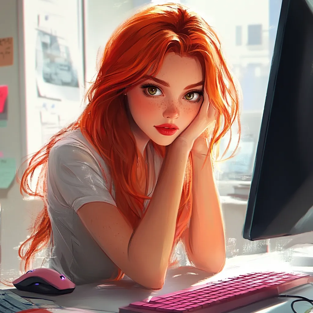 A digital painting of a young woman with vibrant red hair and freckles. She rests her chin on her hand, gazing thoughtfully at a computer screen.  She's wearing a simple white t-shirt and is seated at a desk with a pink keyboard and a mouse. The style is reminiscent of anime, with soft lighting and a focus on expressive features.  The overall mood is serene and contemplative.