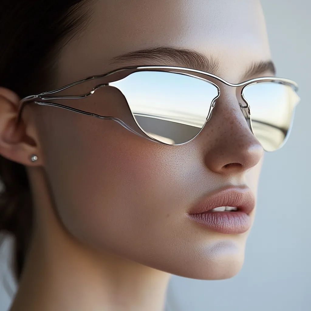 Close-up of a woman's face, partially visible, wearing stylish silver-framed sunglasses with mirrored lenses.  The reflection in the lenses is blurred, showing an indistinct background. Her skin is subtly highlighted, with a soft focus emphasizing her features. The overall impression is one of clean, modern beauty and elegance.