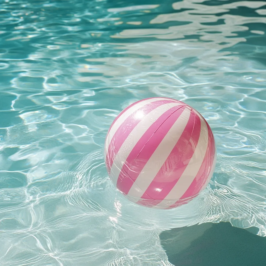 A pink and white striped beach ball floats gently in a sparkling turquoise swimming pool.  The water is calm, reflecting sunlight.  The scene evokes a feeling of summer relaxation and fun. The beach ball is partially submerged, creating a playful contrast between the vibrant colors and the cool water.