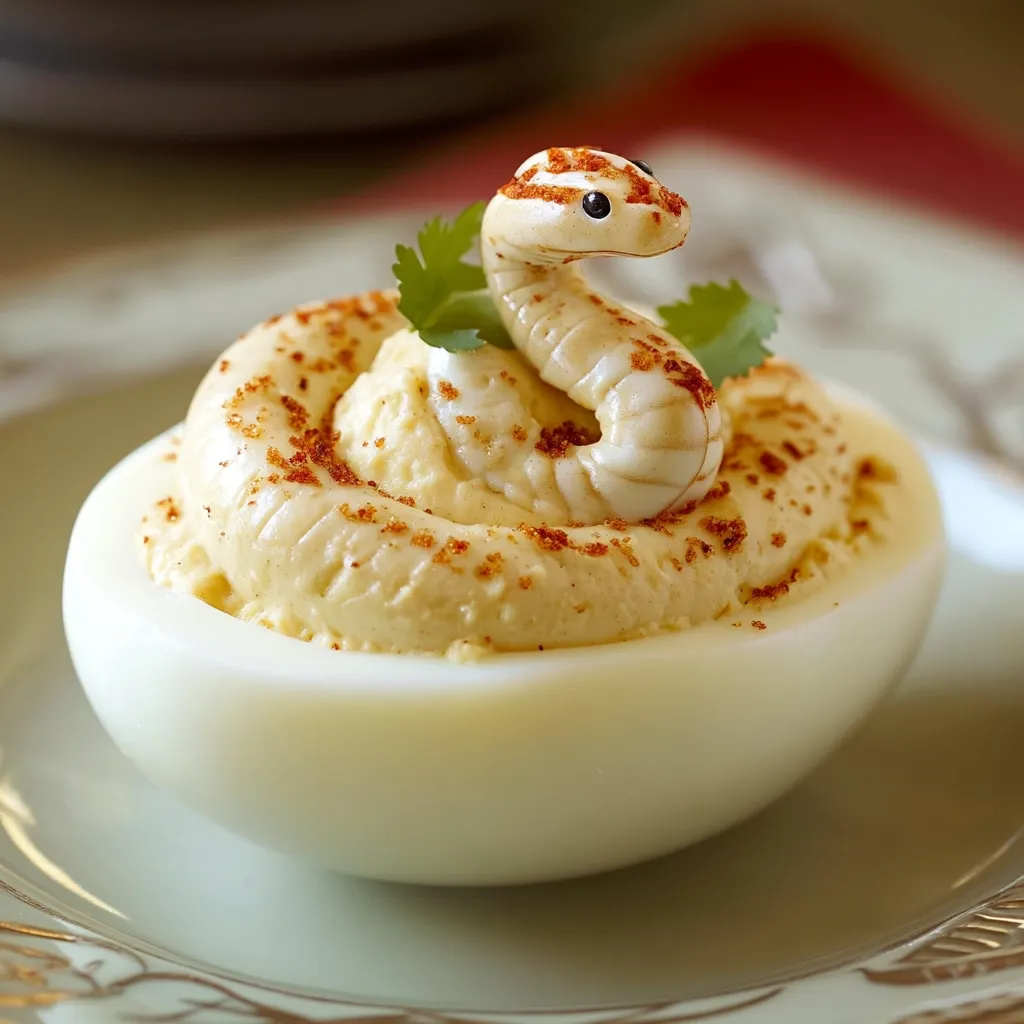 A deviled egg is artfully decorated with a small, marzipan snake nestled in the creamy yolk mixture.  The egg white is pristine, and the yolk is sprinkled with a reddish-brown spice.  A sprig of cilantro adds a touch of freshness.  The presentation is whimsical and elegant, showcasing a creative culinary approach.