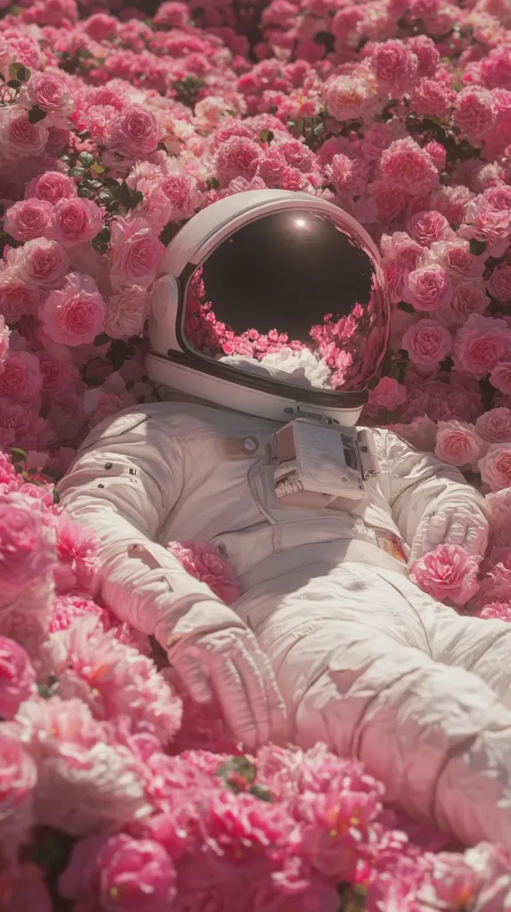 A surreal image depicts an astronaut in a pristine white spacesuit reclining amidst a sea of vibrant pink roses.  The astronaut's helmet reflects the surrounding flowers, creating a dreamy, otherworldly atmosphere. The contrast between the technological suit and the delicate blossoms is striking, suggesting a juxtaposition of science and nature. The overall aesthetic is soft, romantic, and slightly whimsical.
