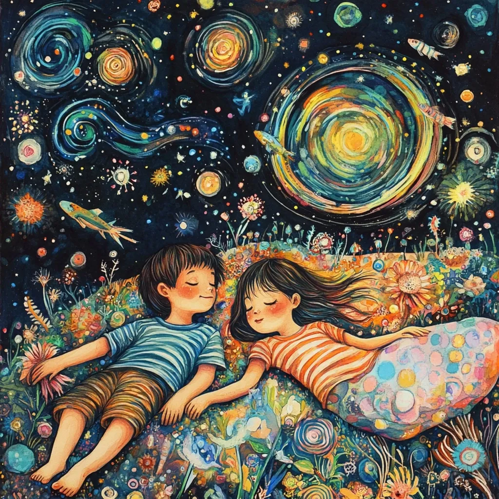 Two children, a boy and a girl, lie nestled together amidst a vibrant field of flowers under a fantastical night sky.  The sky is awash with swirling colors, stars, and celestial bodies, resembling a Van Gogh painting.  Small fish swim amongst the stars. The scene is whimsical and dreamy, suggesting a peaceful and magical slumber.