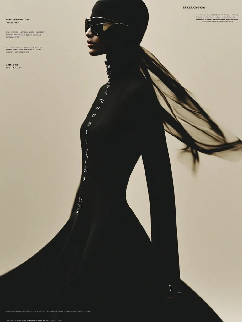 A fashion photograph showcases a model in a sleek, black, long-sleeved dress with a high neck and a flowing, sheer black veil. The dress features a columnar silhouette that flares slightly at the hem.  The model wears sunglasses and a close-fitting black head covering. The backdrop is a muted beige, emphasizing the stark contrast of the black attire. The overall aesthetic is minimalist and dramatic.