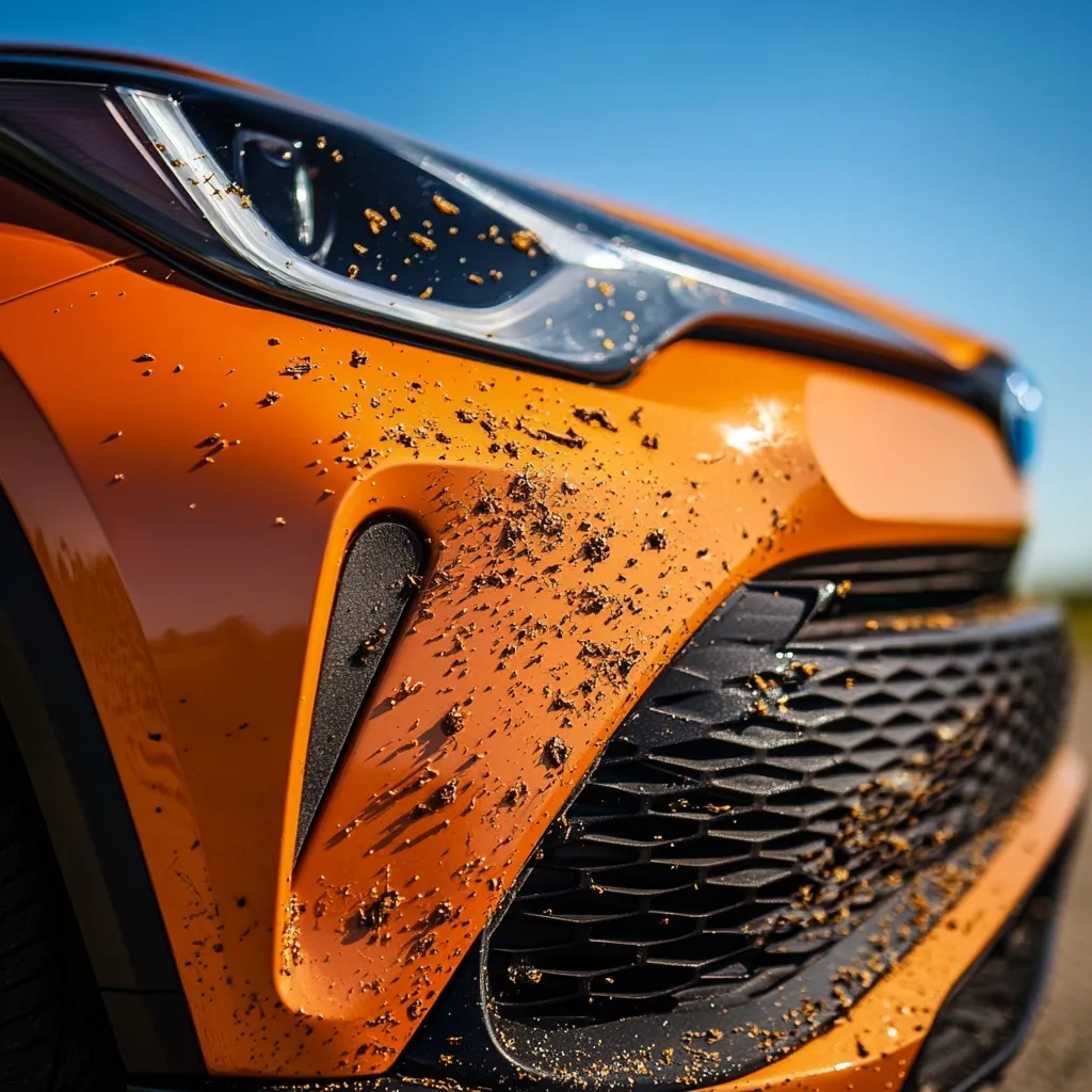 Close-up view of an orange car's front end, heavily speckled with dried mud.  The mud clings to the headlight, bumper, and grill, showcasing the vehicle's recent off-road adventure.  The bright sunlight highlights the texture of the dirt against the vibrant orange paint. The image focuses on the detail of the mud and the car's design elements.