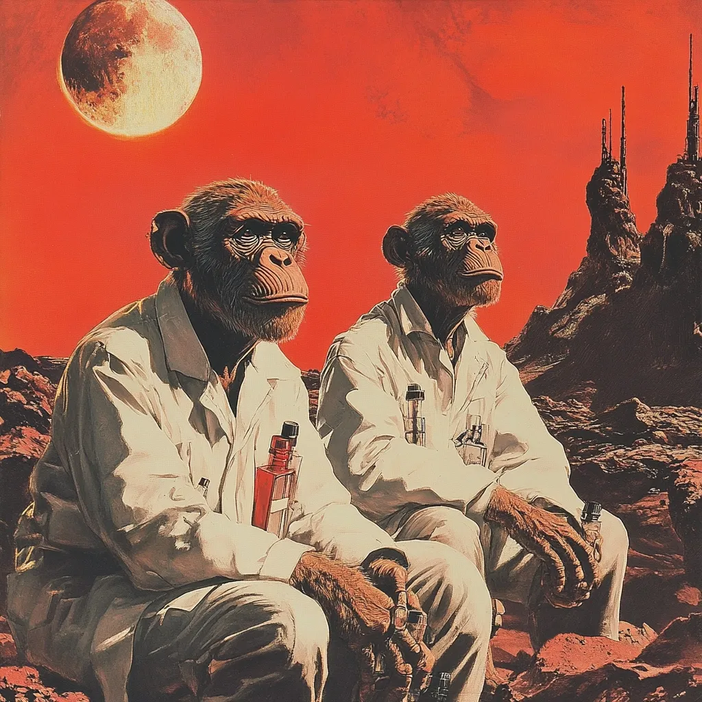 Two chimpanzees in white lab coats sit on a rocky, alien landscape under a large, pale moon.  A red, hazy sky dominates the background, with futuristic structures visible in the distance.  The chimps hold various vials and bottles, suggesting scientific research. The scene evokes a science fiction setting, portraying intelligent primates conducting experiments on an extraterrestrial world.