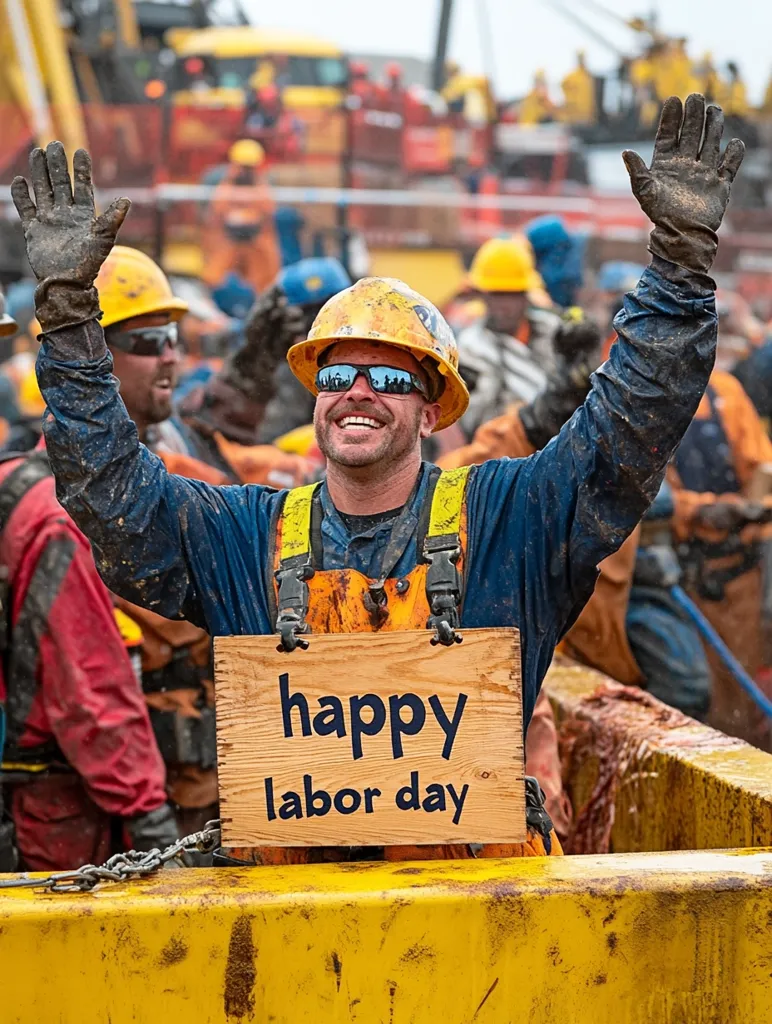 A mud-splattered oil worker, wearing a yellow hard hat and sunglasses, smiles broadly while holding a wooden sign reading "happy labor day."  His arms are raised in celebration, surrounded by fellow workers on an industrial platform. The image conveys a sense of camaraderie and celebrates the contributions of blue-collar workers.