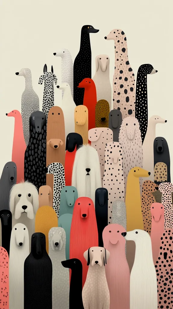 A whimsical illustration showcases a multitude of stylized dogs, standing in varying heights and patterns.  The dogs are depicted in a minimalist style, featuring simple shapes and muted color palettes.  Their coats are adorned with spots, stripes, or solid colors, creating a visually appealing composition. The overall aesthetic is playful and modern.