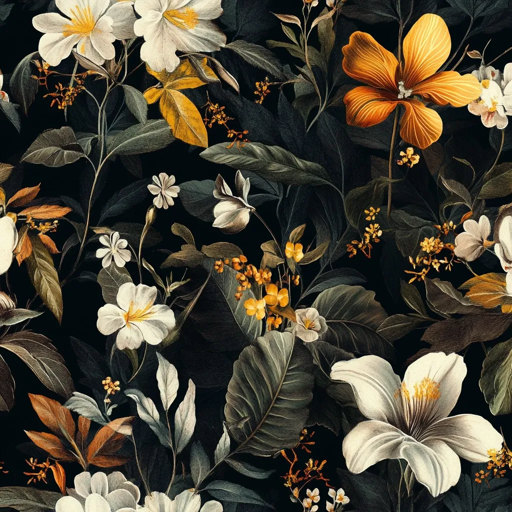A dark, moody floral pattern features large, creamy white blossoms alongside vibrant orange flowers.  Lush, dark green foliage creates a dense backdrop, interspersed with smaller yellow and orange blooms. The overall aesthetic is rich and luxurious, reminiscent of vintage botanical illustrations. The design is seamless, suitable for fabric or wallpaper.