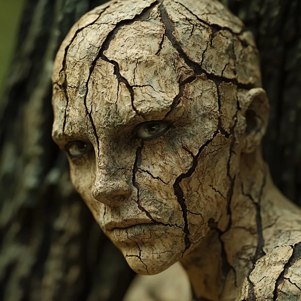 Close-up view of a stylized figure with skin resembling cracked bark or stone.  The figure's face is detailed, showing deep cracks and a somber expression. Its eyes, though visible, seem to lack life. The overall effect is one of age, decay, or perhaps a supernatural being. The background is blurred, focusing attention on the figure's textured surface.