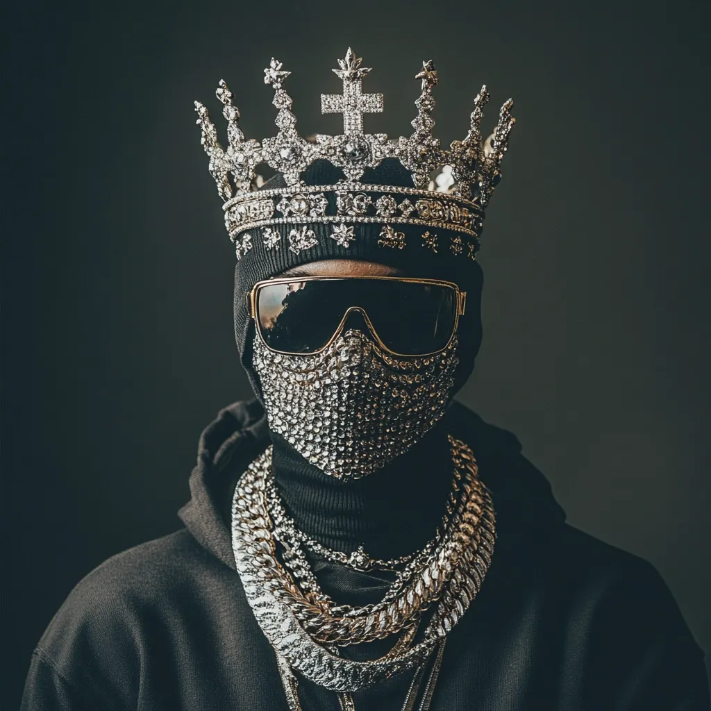A person is shown from the chest up, wearing a black hooded sweatshirt.  They are adorned with a large, jeweled crown, diamond-encrusted sunglasses and face mask, and several heavy gold chains. The image is dark and moody, emphasizing the opulence of the jewelry and the mysterious nature of the subject. The overall effect is one of extravagant, possibly hip-hop inspired, royalty.