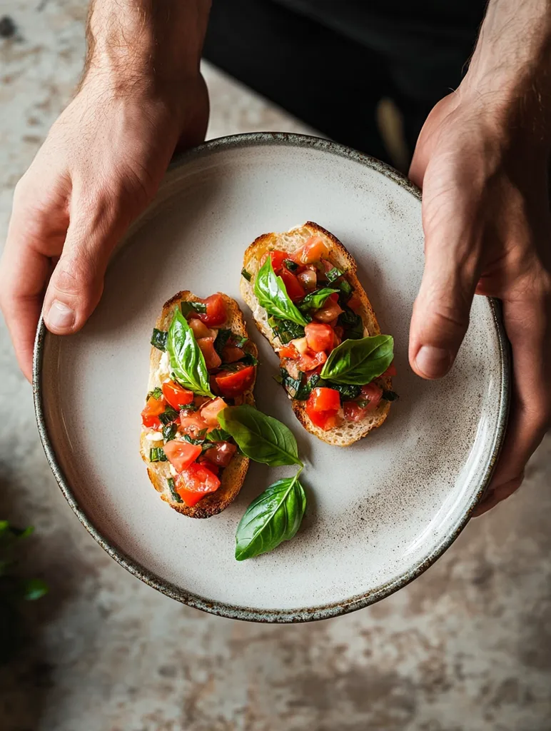 A pair of hands delicately present a plate of two bruschetta.  Each toasted bread slice is generously topped with a vibrant mixture of diced tomatoes, fresh basil, and what looks like a light creamy spread.  The rustic, speckled plate enhances the simple elegance of this appetizing dish.  The overall presentation is clean and inviting.