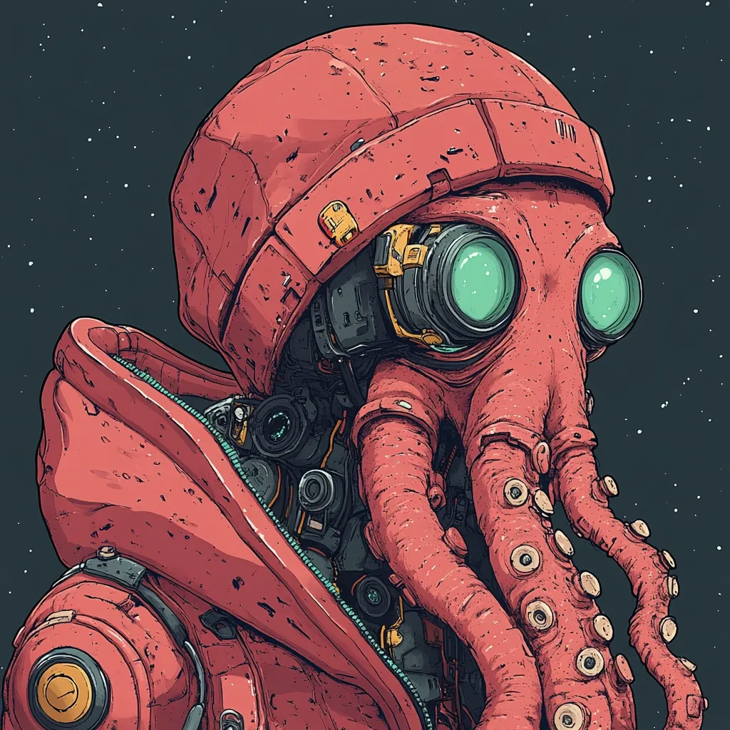 A stylized illustration depicts a robotic creature, possibly an octopus-like cyborg, against a dark, starry backdrop.  The creature is predominantly coral-red, with intricate mechanical details visible beneath a helmet-like structure.  Large, glowing green lenses are integrated into its head.  The overall style is reminiscent of science fiction or cyberpunk art.