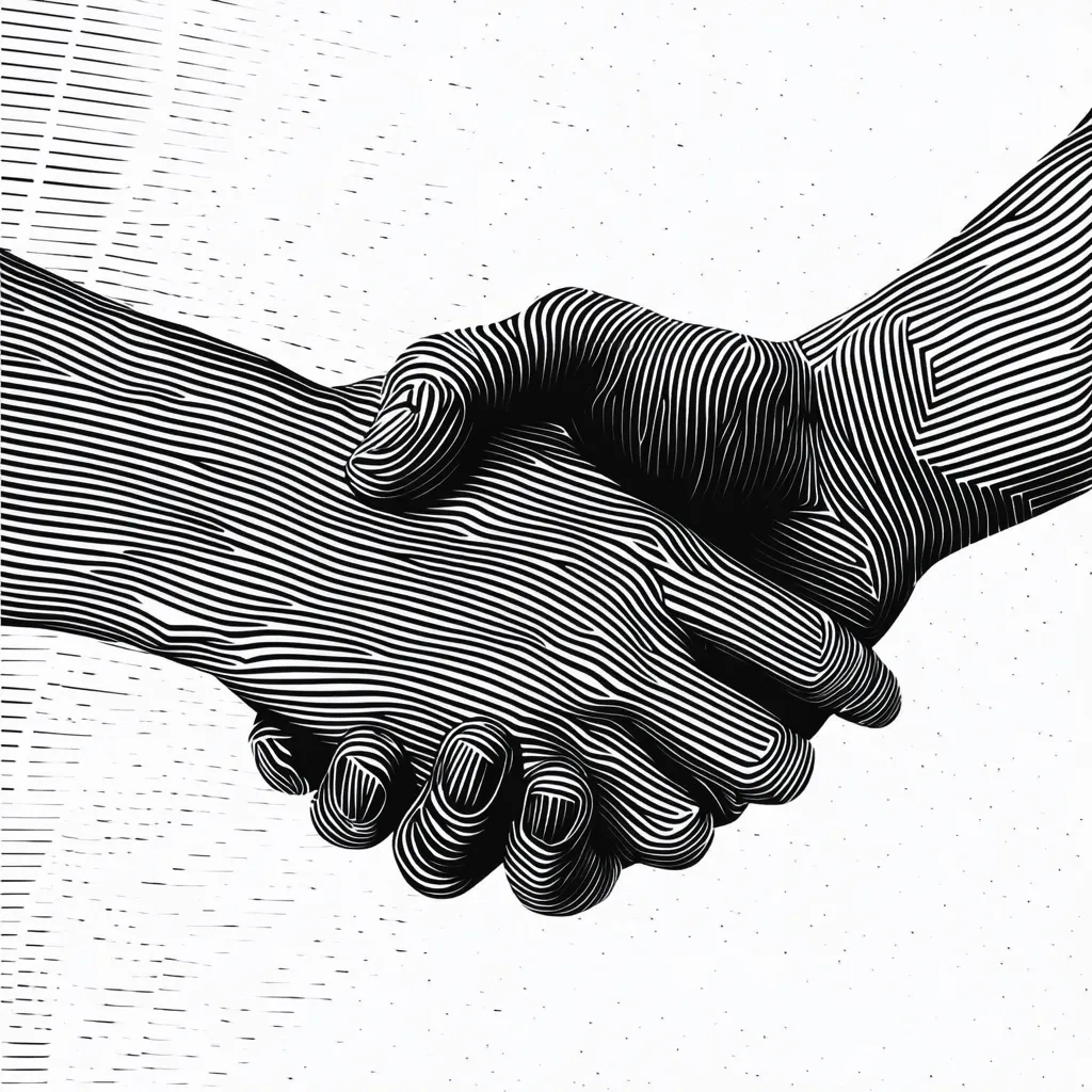 A close-up, black and white illustration depicts two hands clasped in a handshake.  The style is reminiscent of woodblock printing or linocut, with bold, parallel lines creating texture and depth.  The image emphasizes the connection and agreement symbolized by the handshake. The background is textured, adding to the vintage feel.
