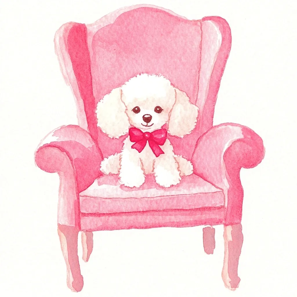 A watercolor painting depicts a fluffy white poodle, adorned with a pink bow, sitting serenely on a delicate pink armchair.  The armchair is elegantly styled with curved arms and legs, matching the soft pastel tones of the overall image.  The scene evokes a sense of sweetness and gentle charm.