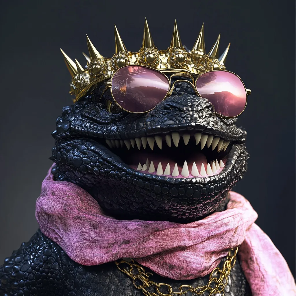 A stylized digital rendering depicts a black, reptilian creature, possibly a Godzilla-like monster. It's adorned with a gold spiked crown, pink sunglasses, a dusty rose scarf, and a gold chain, creating a fashionable, yet menacing, contrast. The creature's expression is one of playful arrogance, highlighted by its sharp teeth and confident posture. The dark background emphasizes the subject's vibrant accessories.