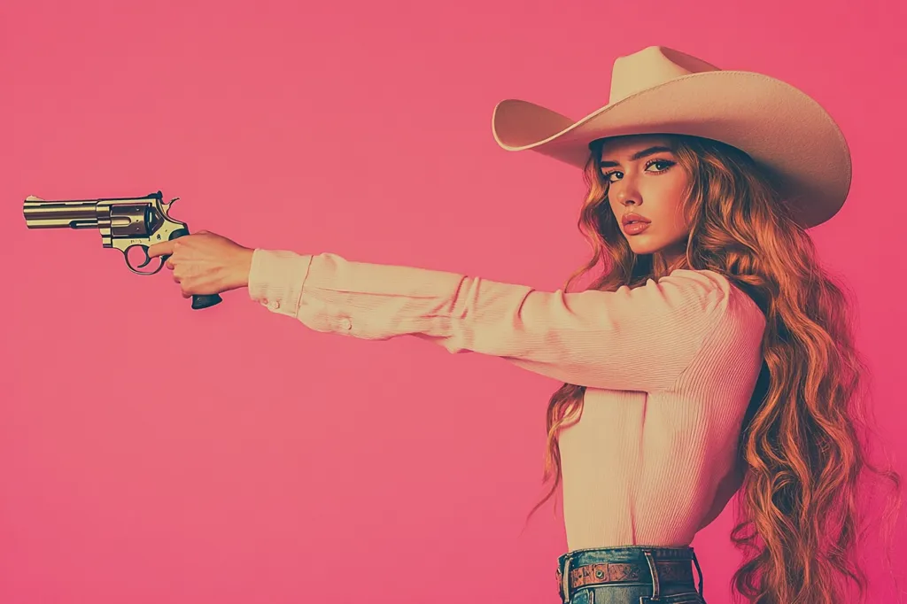 A young woman with long, wavy auburn hair, wearing a light pink long-sleeved shirt, a cowboy hat, and denim jeans, holds a revolver aimed to the left. She is posed against a vibrant pink background, her expression serious and determined. The image evokes a strong, confident, and slightly rebellious aesthetic.