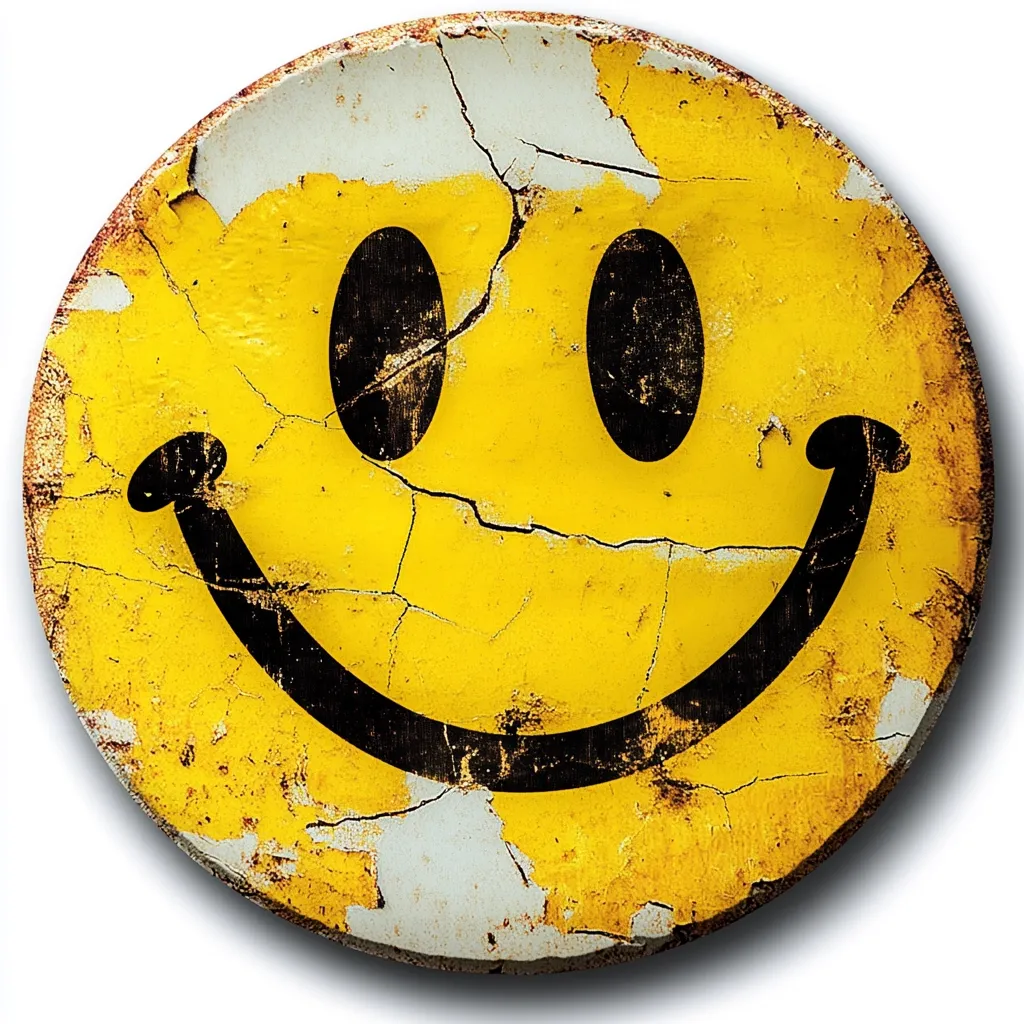 A round, distressed metal sign features a classic smiley face.  The yellow background is heavily cracked and shows signs of age and wear, with patches of white showing through. The black outline of the smiley face is thick and slightly uneven, adding to the vintage aesthetic.  The overall effect is a cheerful yet weathered design.