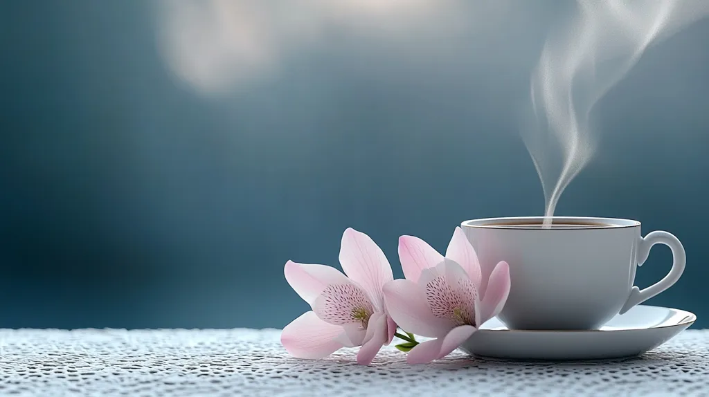 A steaming cup of tea sits on a lace tablecloth, accompanied by two delicate pink orchids.  The scene is serene and peaceful, set against a soft, blurred teal background.  The warm light suggests a tranquil morning moment, perfect for relaxation and contemplation. The image evokes feelings of calmness and gentle beauty.