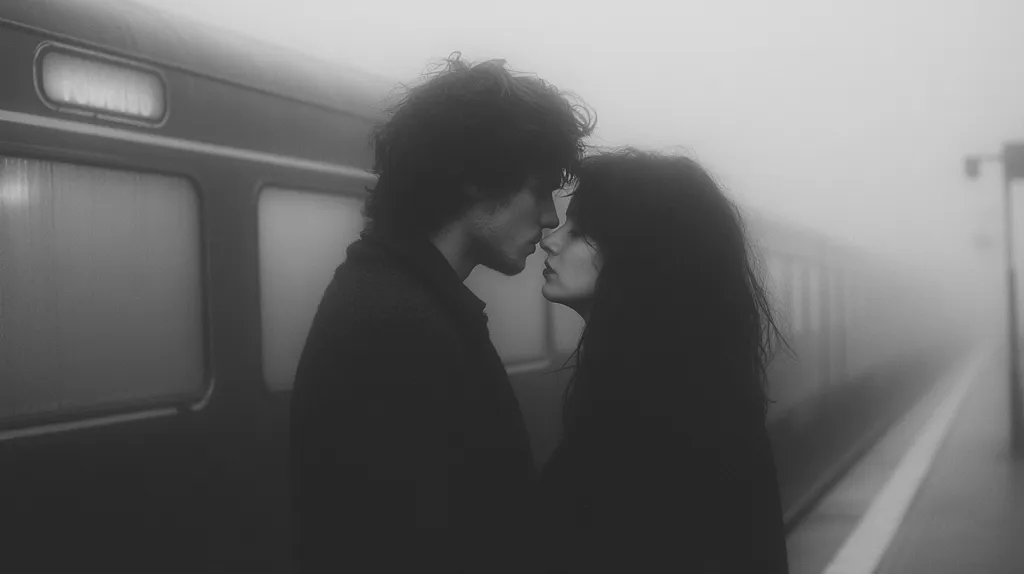 A black and white photograph captures a young couple sharing an intimate moment, their foreheads touching, on a foggy train platform. The train car behind them is blurred, creating a dreamy atmosphere. The image's monochromatic palette enhances the mood of quiet romance and anticipation.  Their dark hair contrasts with the light fog, emphasizing their closeness.  The overall feeling is one of wistful longing and tender affection.