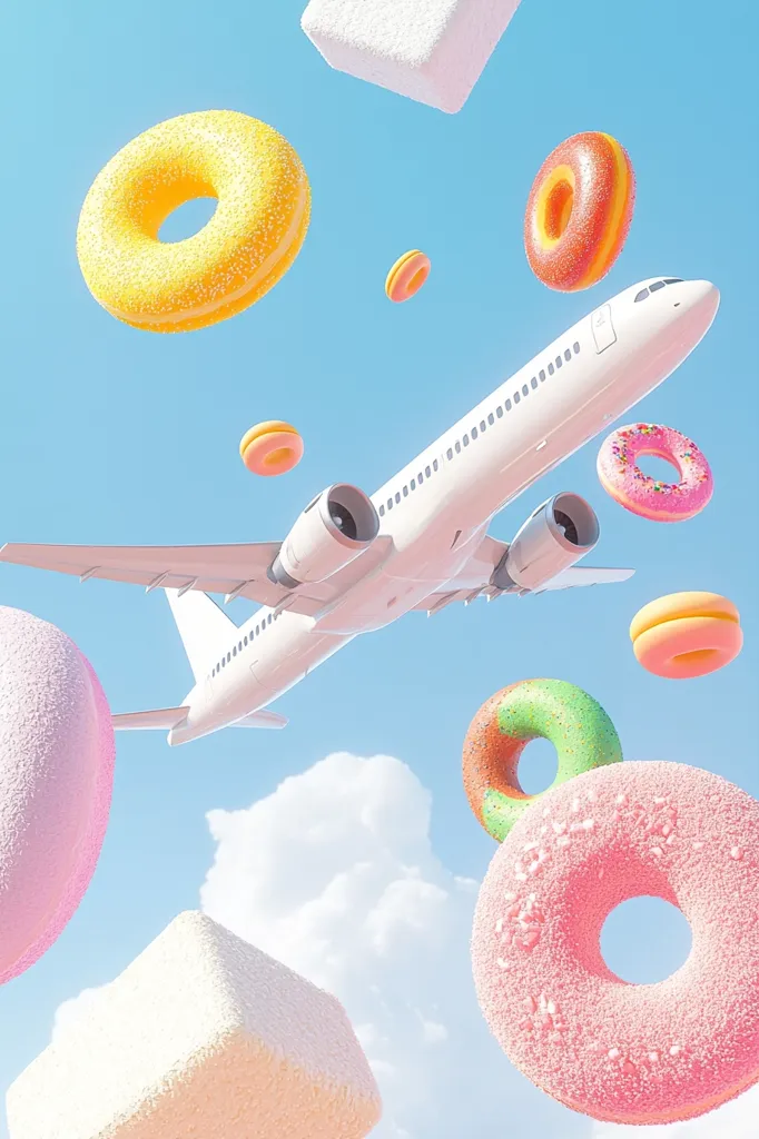 A white airplane soars through a pastel-colored sky, surrounded by floating donuts and marshmallows.  The donuts are various colors and sprinkles, while the marshmallows are fluffy cubes. The scene is whimsical and surreal, suggesting a dreamy, sweet journey. The overall aesthetic is light, airy, and playful.