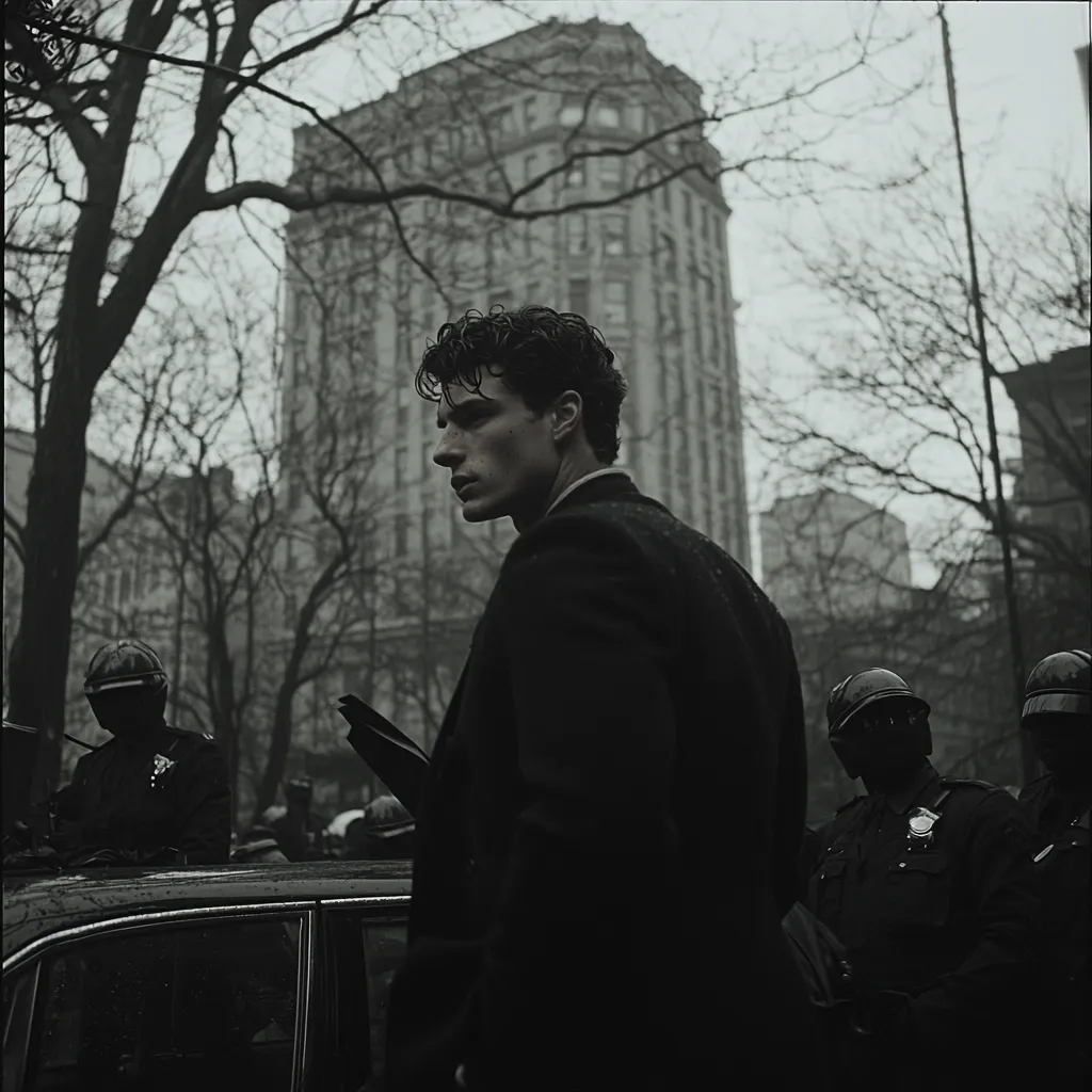 A black and white, medium shot depicts a young man in a dark suit, standing with his back to the camera, facing right. He is in a city setting, with bare trees and a tall building in the background. Two police officers in riot gear are visible behind him.  The mood is somber and serious. The image evokes a sense of mystery and tension.
