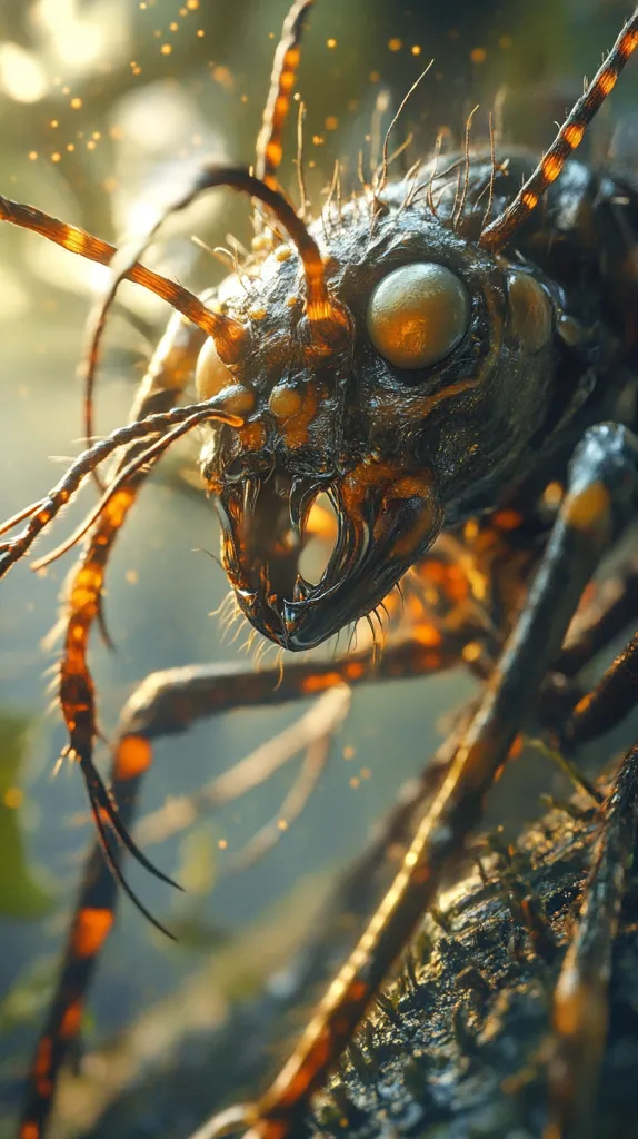 A detailed close-up reveals a fantastical insect, possibly digitally rendered. Its exoskeleton is dark, almost black, with accents of orange-brown on its long, spindly legs.  Large, golden eyes gleam, and its mandibles are prominently displayed, suggesting a predatory nature. The background is blurred, focusing attention on the intricate detail of the creature in a sun-dappled forest setting.  The image evokes a sense of both wonder and unease.