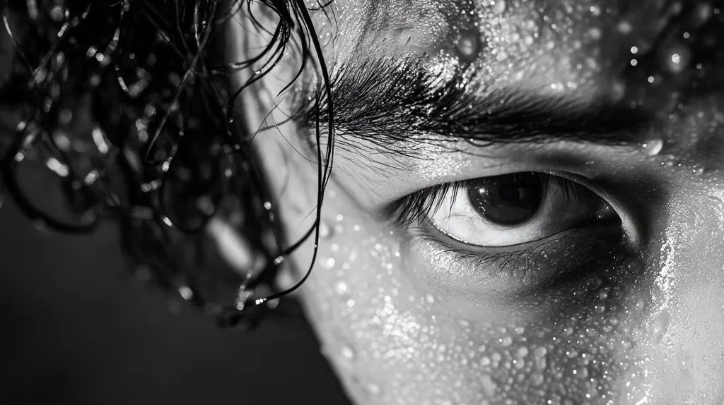 A close-up black and white shot captures a person's eye, heavily coated in sweat.  The image emphasizes the texture of the skin and the glistening droplets of perspiration. Dark, wet hair frames the face, adding to the overall intense and focused mood.  The contrast between light and shadow enhances the detail of the eye and the damp skin.