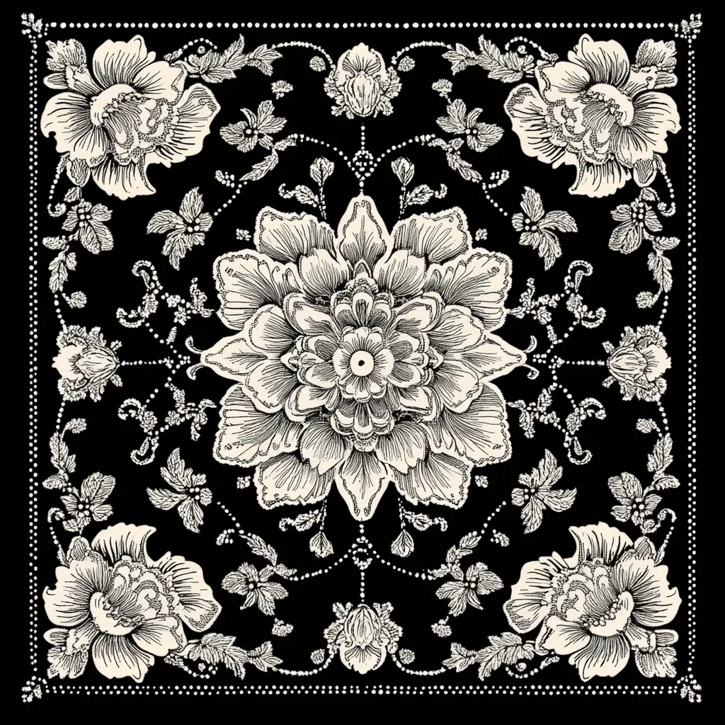 A square image showcases an intricate floral design.  The pattern features large, ornate cream-colored flowers against a black background.  Smaller flowers and leaves create a flowing, symmetrical design around a central, larger blossom.  The border is defined by a dotted line and smaller floral elements. The overall style is reminiscent of vintage textiles or wallpaper, with a high level of detail and elegant symmetry.