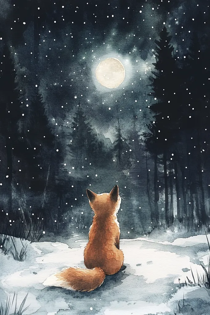 A watercolor painting depicts a fox sitting in the snow, gazing at a large, full moon in a night sky.  Light snowfall gently falls around the fox, which is positioned in a snowy clearing amongst dark, silhouetted trees. The scene evokes a feeling of peaceful solitude and winter magic.  The moon is a soft, pale yellow, contrasting with the deep blues and grays of the night.