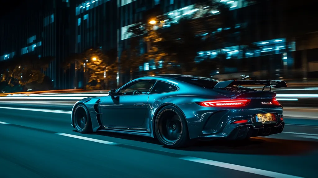 A teal Porsche 911 GT2 RS, modified with a prominent rear wing, speeds along a city street at night.  Light trails streak past in the background, emphasizing the car's motion. The scene is vibrant with city lights reflected on the sleek, customized vehicle.  The overall image conveys a sense of speed and luxury.