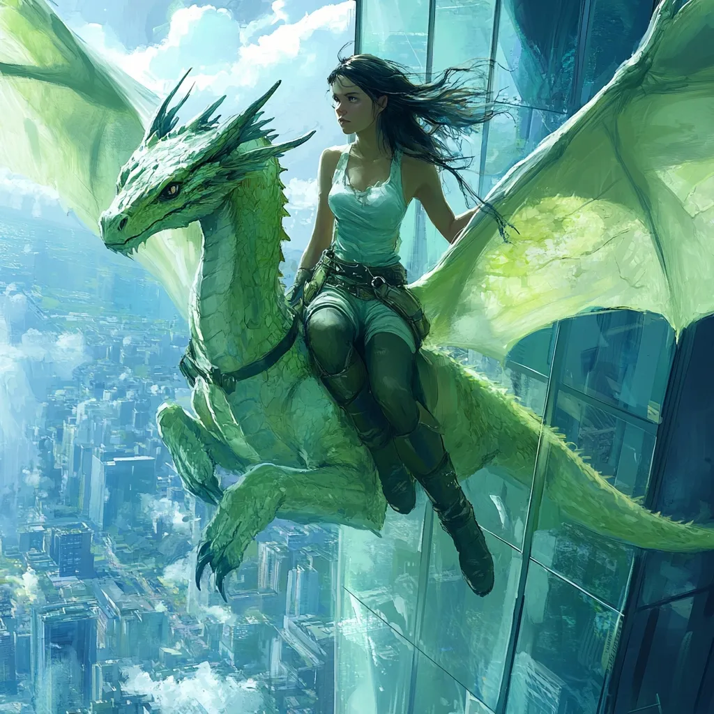 A young woman with long dark hair sits astride a pale green dragon perched on the side of a skyscraper.  The dragon's wings are partially extended, offering a view of a sprawling city below.  The woman wears a sleeveless top and dark leggings, her expression serious and focused. The scene is painted in a style that blends fantasy and realism, creating a dramatic and ethereal atmosphere.