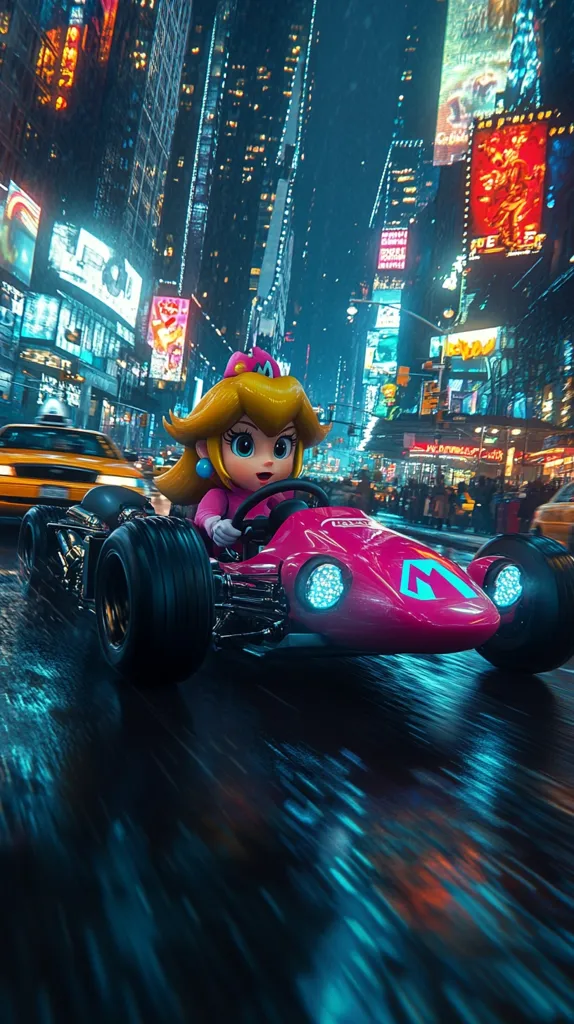 Princess Peach speeds through a rain-slicked Times Square in her pink go-kart.  Bright neon signs reflect in the wet asphalt as she navigates the bustling city streets at night.  The vibrant cityscape forms a dramatic backdrop to the iconic Nintendo character's high-speed adventure.  A yellow taxi is visible in the background, adding to the urban scene.
