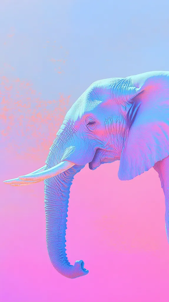 A stylized image of an African elephant's head and trunk is presented against a vibrant pink and light blue gradient background. The elephant is rendered in pastel blue and pink hues, creating a surreal and dreamy aesthetic. The image is minimalist in composition, focusing on the elephant's form and the contrasting colors. The overall effect is visually striking and evokes a sense of calm and tranquility.