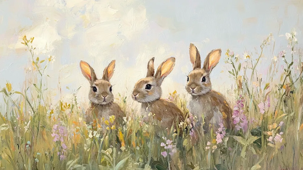 Three adorable bunnies are nestled amongst a field of wildflowers.  The light brown rabbits sit side-by-side, their ears perked up, gazing towards the viewer.  Soft pastel colors dominate the scene, creating a peaceful and idyllic springtime setting. The painting style is impressionistic, with visible brushstrokes adding texture and depth.