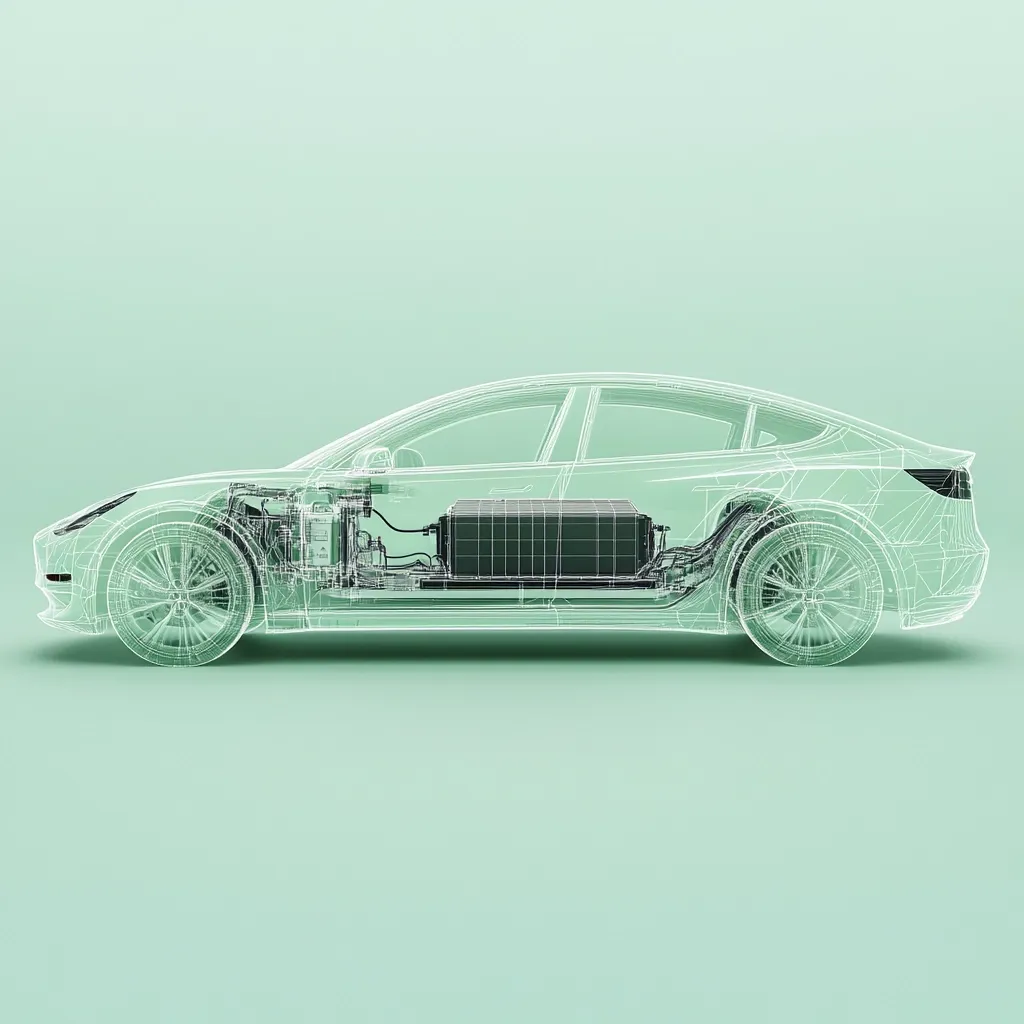 A wireframe model of an electric car is shown in profile view against a pale green background. The car's interior is visible, showcasing the battery pack as a central component.  The transparent design highlights the car's mechanical structure and emphasizes the placement of the battery within the chassis. The image suggests a focus on electric vehicle technology and design.
