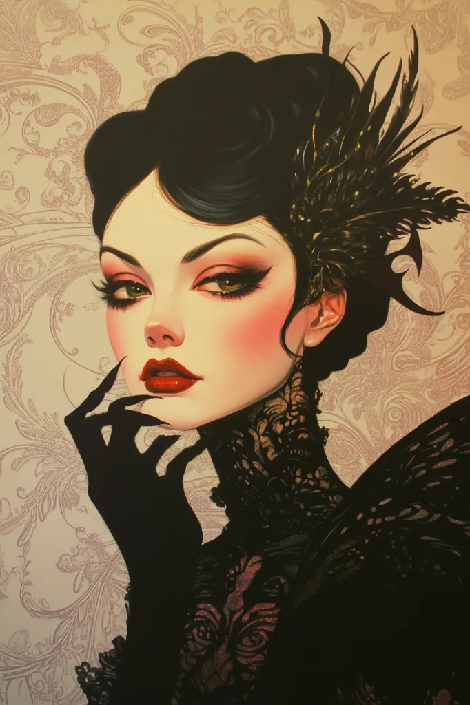 A stylized portrait of a woman with dark hair styled in a vintage updo, adorned with a black feather ornament.  She wears a black lace high-necked gown and long gloves.  Her makeup is dramatic, featuring bold eyes and lips.  The background is a delicate, ornate floral pattern.  The overall style is reminiscent of art nouveau or gothic aesthetics, conveying a sense of elegance and mystery.