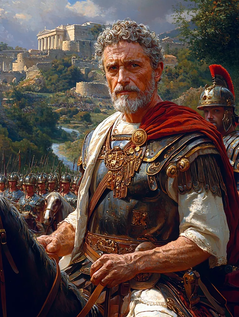 A dramatic portrait depicts a Roman general, possibly a Caesar, astride a horse. He's clad in ornate armor and a crimson cloak, his weathered face conveying authority and experience.  Behind him, a legion of soldiers marches toward a classical Greek temple nestled in a hilly landscape, suggesting a victorious campaign or triumph.  The image evokes a sense of power and historical grandeur.