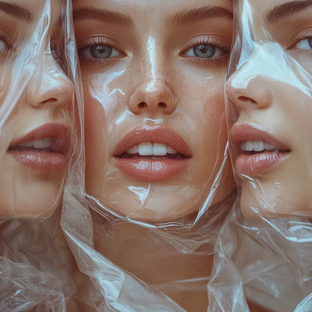 Three women's faces are partially obscured by a sheer, plastic material draped over their heads.  Their eyes and mouths are visible, showcasing flawless makeup and subtly freckled skin.  The image creates a surreal, almost ghostly effect, emphasizing the women's delicate features and the unusual texture of the plastic.  The overall aesthetic is elegant and slightly unsettling.