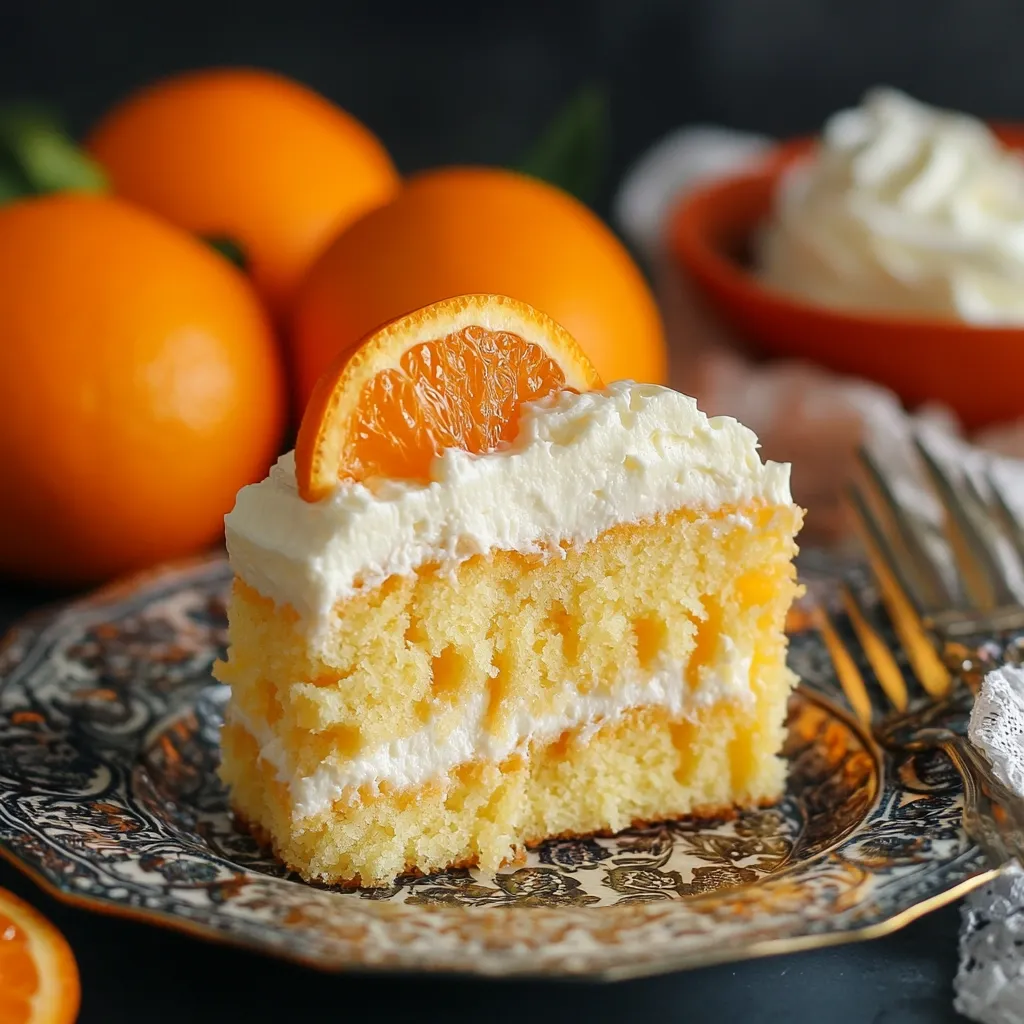 A delectable slice of orange cake sits on an ornate plate.  The cake is layered with fluffy white frosting and features a vibrant orange slice as a garnish.  Blurred in the background are several whole oranges, suggesting the cake's citrusy flavor.  The scene is dimly lit, highlighting the cake's creamy texture and the rich colors of the oranges and plate.