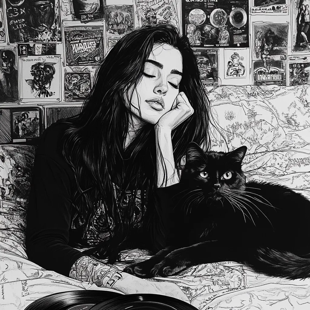 A black and white illustration depicts a young woman with long, dark hair resting on a bed, her eyes closed, hand supporting her head.  A black cat lies beside her, also looking calmly at the viewer. The bed is unmade, and the wall behind is covered with various posters and album covers, suggesting a bohemian or vintage aesthetic. The overall mood is serene and slightly melancholic.
